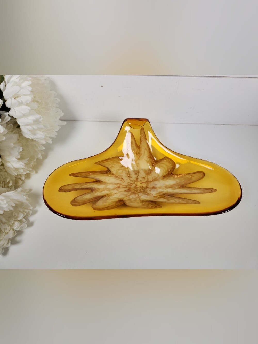 Vintage 60s Murano-Style Amber and Gold Speckled Glass Bowl | Abtract Glass Art